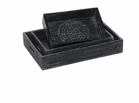 BLACK WOOD FLORAL INTRICATE CARVED TRAY,