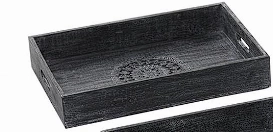BLACK WOOD FLORAL INTRICATE CARVED TRAY,