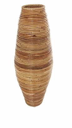 BROWN RATTAN HANDMADE TALL WRAPPED VASE, 13" X 13" X 37