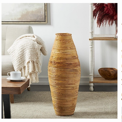 BROWN RATTAN HANDMADE TALL WRAPPED VASE, 13" X 13" X 37