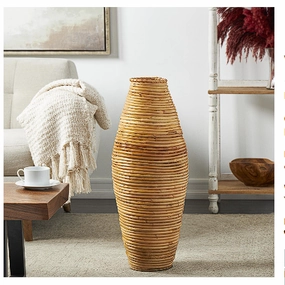 BROWN RATTAN HANDMADE TALL WRAPPED VASE, 13" X 13" X 37