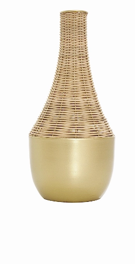 BROWN RATTAN HANDMADE WOVEN VASE WITH GOLD METAL BASE, 7" X 7" X 15"