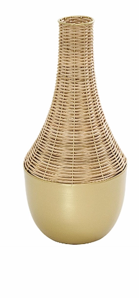 BROWN RATTAN HANDMADE WOVEN VASE WITH GOLD METAL BASE, 7" X 7" X 15"