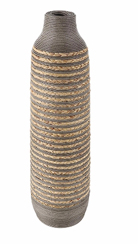 BROWN SEAGRASS HANDMADE BRAIDED VASE WITH LAYERED GRAY PANELING, 9" X 9" X 32"