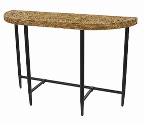 BROWN SEAGRASS WOVEN HALF MOON CONSOLE TABLE WITH BLACK METAL LEGS, 48" X 16" X 32"