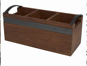 BROWN WOOD 3 SECTION TRAY WITH BLACK METAL HANDLES, 12" X 5" X 5"