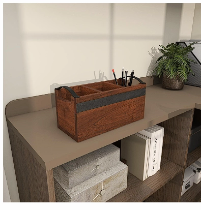 BROWN WOOD 3 SECTION TRAY WITH BLACK METAL HANDLES, 12" X 5" X 5"