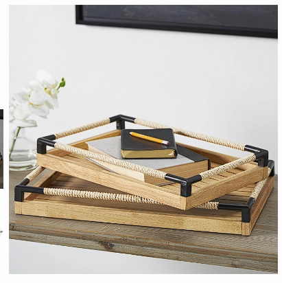 BROWN WOOD SLATTED TRAY WITH ELEVATED WOVEN SIDES AND BLACK METAL CORNERS