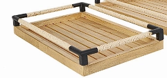 BROWN WOOD SLATTED TRAY WITH ELEVATED WOVEN SIDES AND BLACK METAL CORNERS