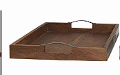 BROWN WOOD TRAY WITH BLACK METAL HANDLES,
