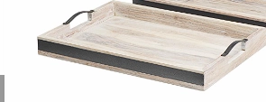 BROWN WOOD TRAY WITH BLACK METAL HANDLES,