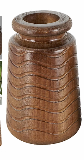 BROWN WOOD VASE WITH CARVED WAVY DESIGNS