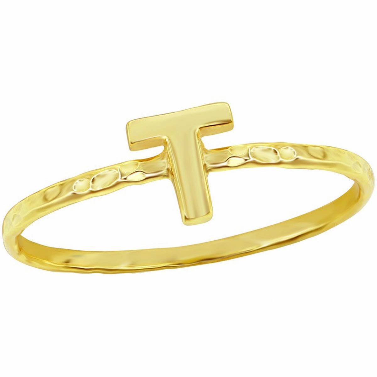Classic Unisex Gold Tone T Initial Hammered Ring - W-2833