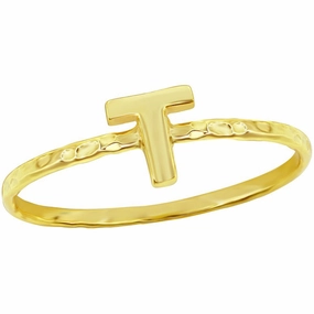 Classic Unisex Gold Tone T Initial Hammered Ring - W-2833