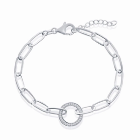 Classic Women's Bracelet - Sterling Silver White CZ Circle Paperclip Link | T-7967