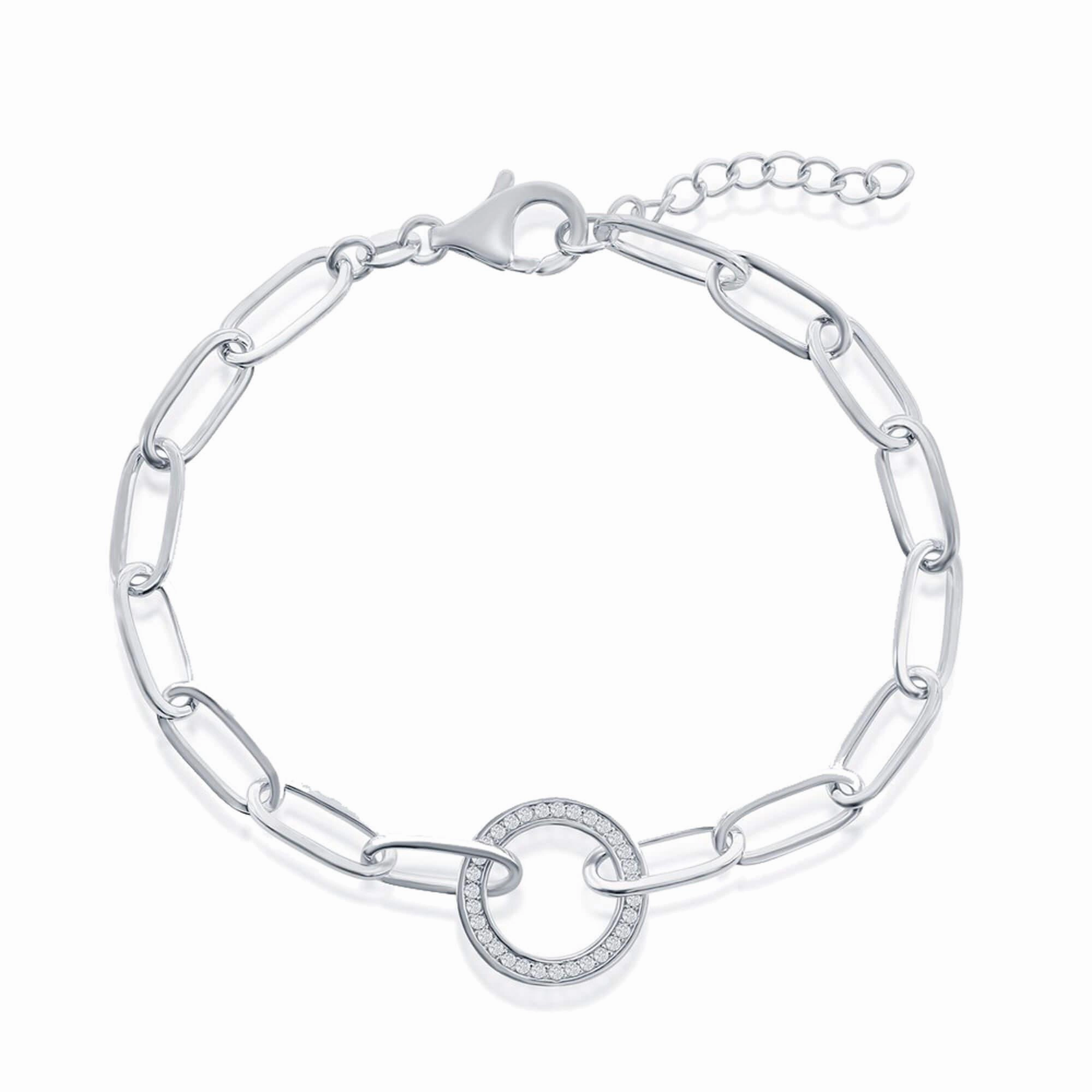 Classic Women's Bracelet - Sterling Silver White CZ Circle Paperclip Link | T-7967