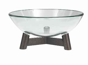 CLEAR GLASS SERVING BOWL WITH BRONZE HAMMERED Y-SHAPED STAND, 16" X 16" X 9"