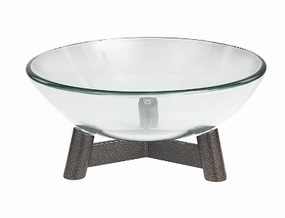 CLEAR GLASS SERVING BOWL WITH BRONZE HAMMERED Y-SHAPED STAND, 16" X 16" X 9"