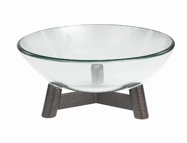CLEAR GLASS SERVING BOWL WITH BRONZE HAMMERED Y-SHAPED STAND, 16" X 16" X 9"