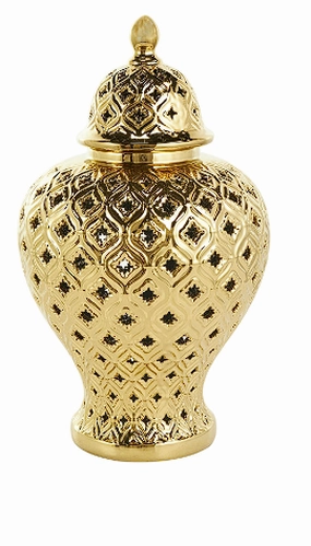 GOLD CERAMIC DECORATIVE JARS WITH GEOMETRIC CUTOUT DESIGN AND LID