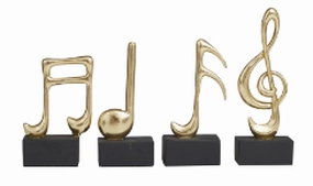 GOLD RESIN MUSICAL NOTES SCULPTURE WITH BLACK BASE, SET OF 4 9, 7, 7, 6"H