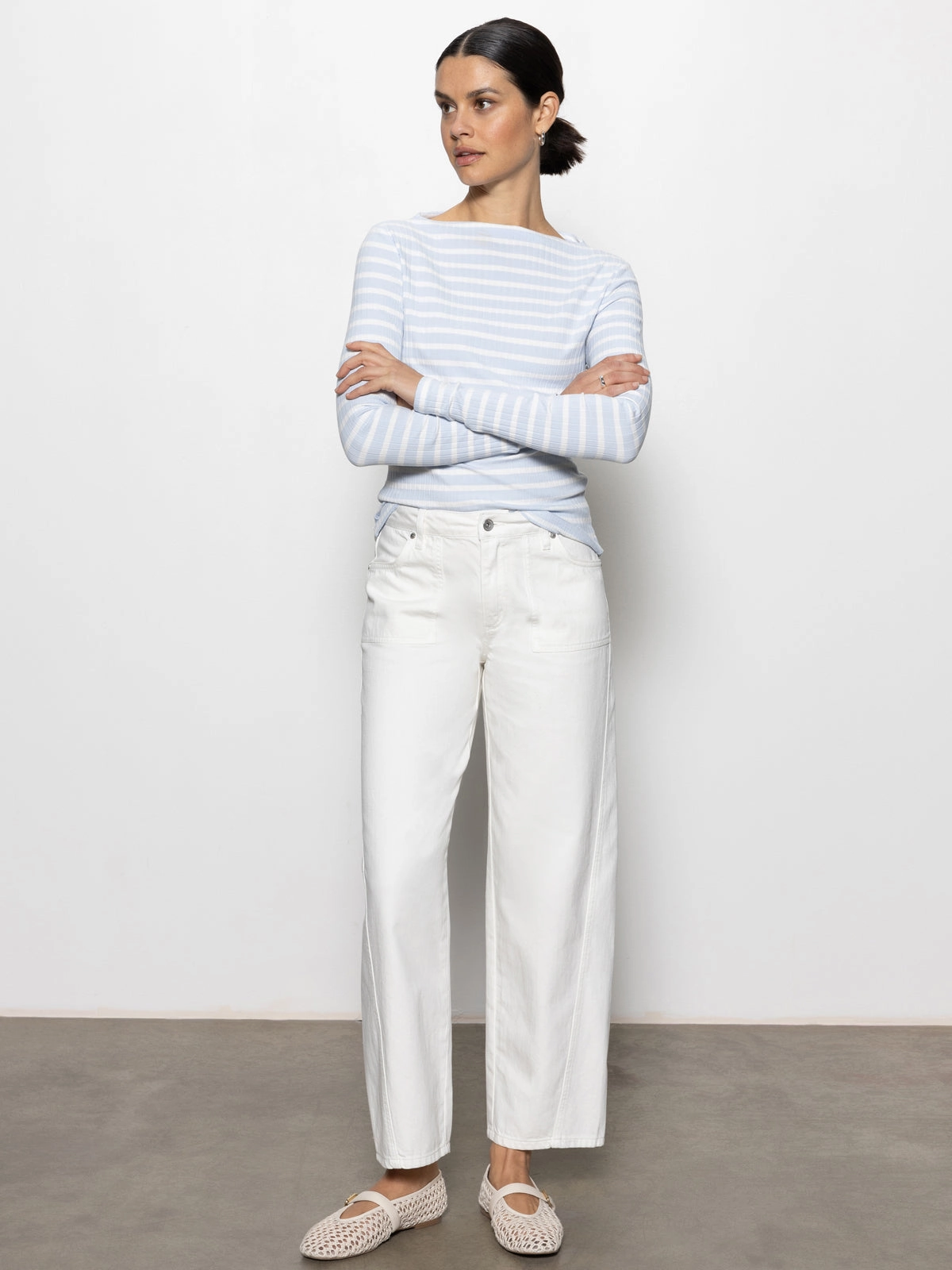 Long Sleeve Boatneck T-Shirt Sky Blue / White Stripe