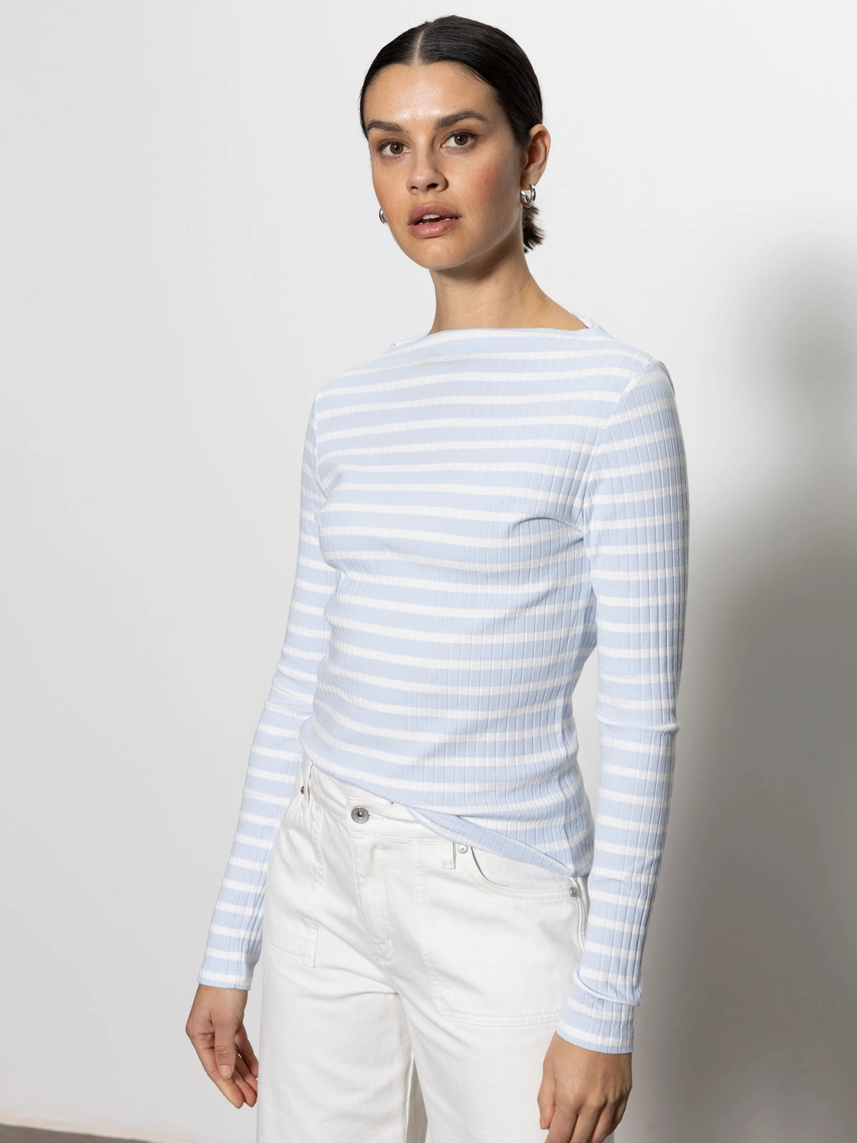 Long Sleeve Boatneck T-Shirt Sky Blue / White Stripe
