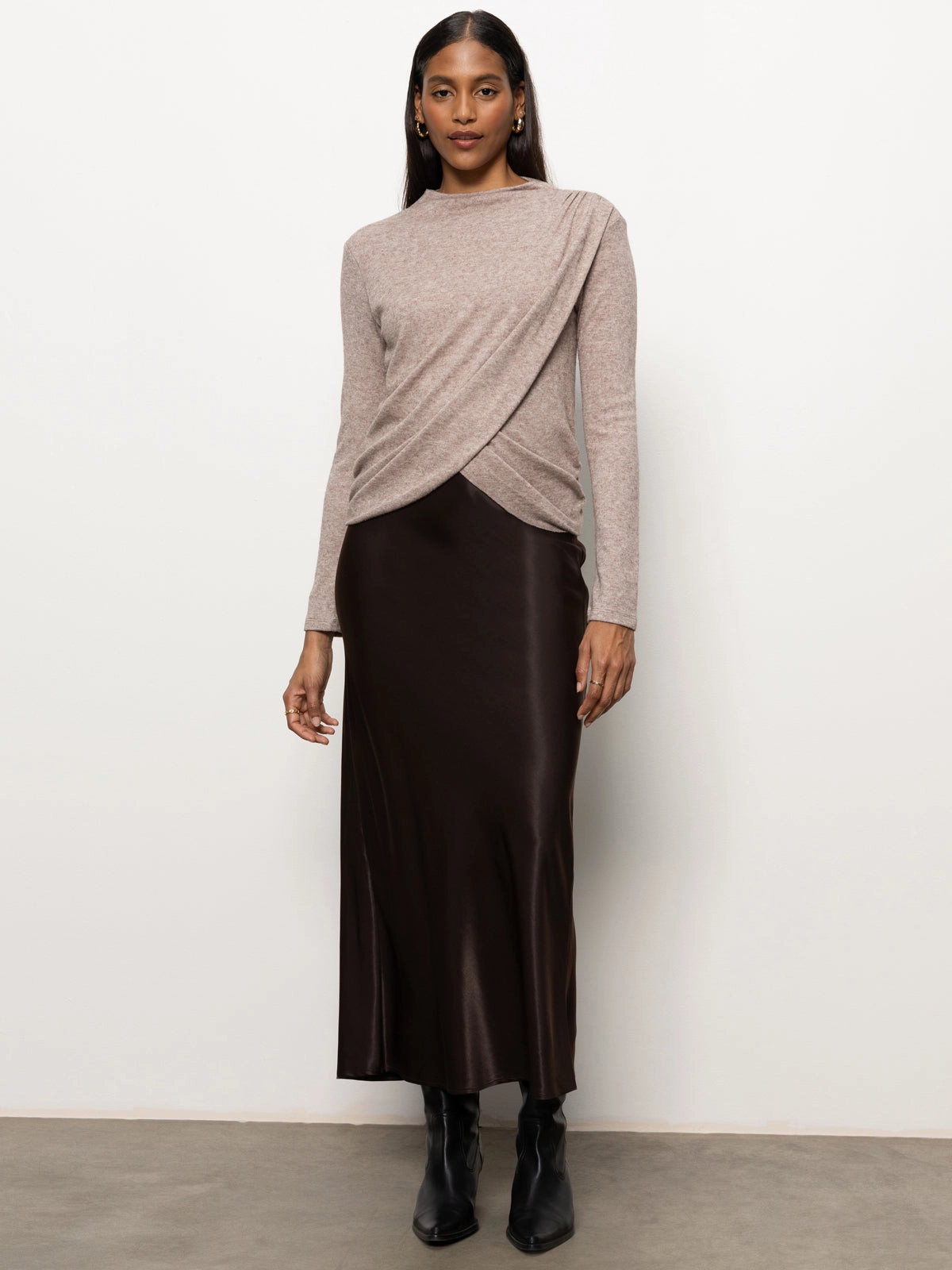 Long Sleeve Mock Draped Top Heather Cocoa