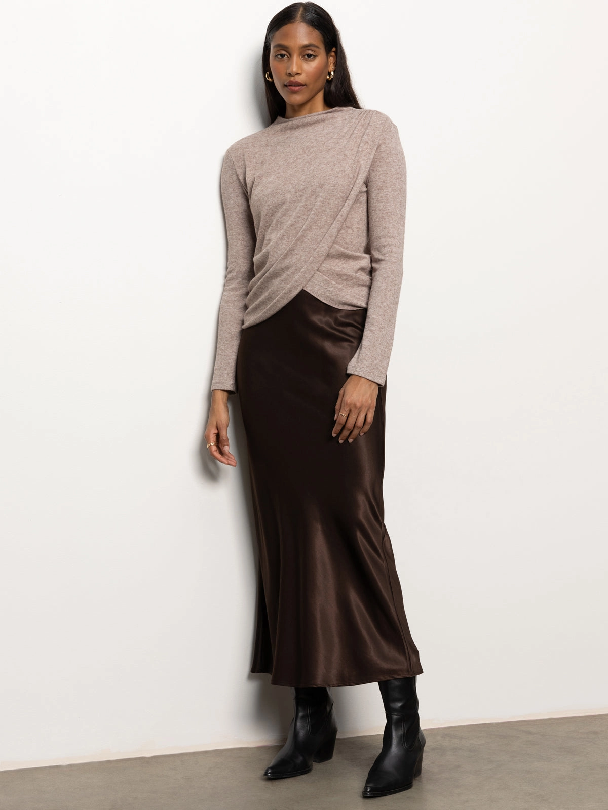 Long Sleeve Mock Draped Top Heather Cocoa