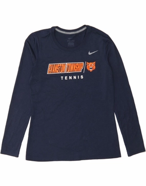 NIKE Womens Graphic Top Long Sleeve UK 14 Medium Navy Blue Polyester