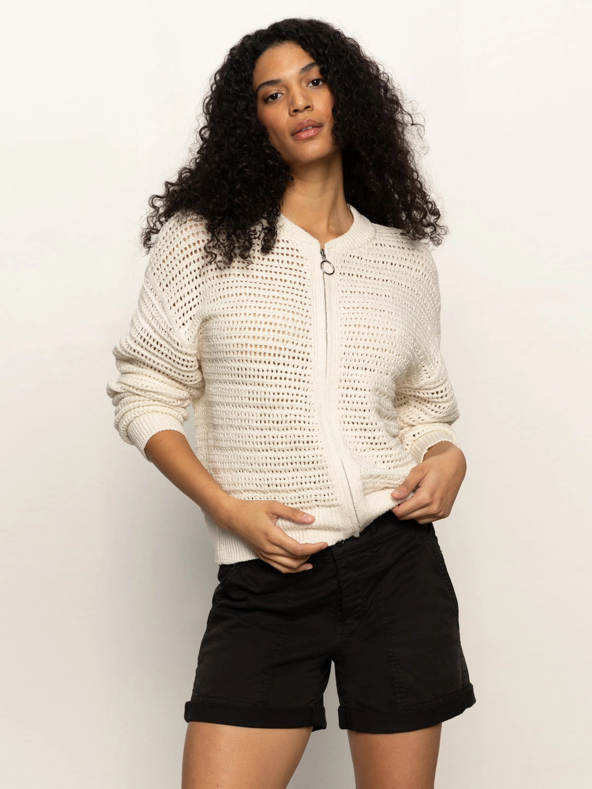 Open Knit Bomber Jacket Chalk
