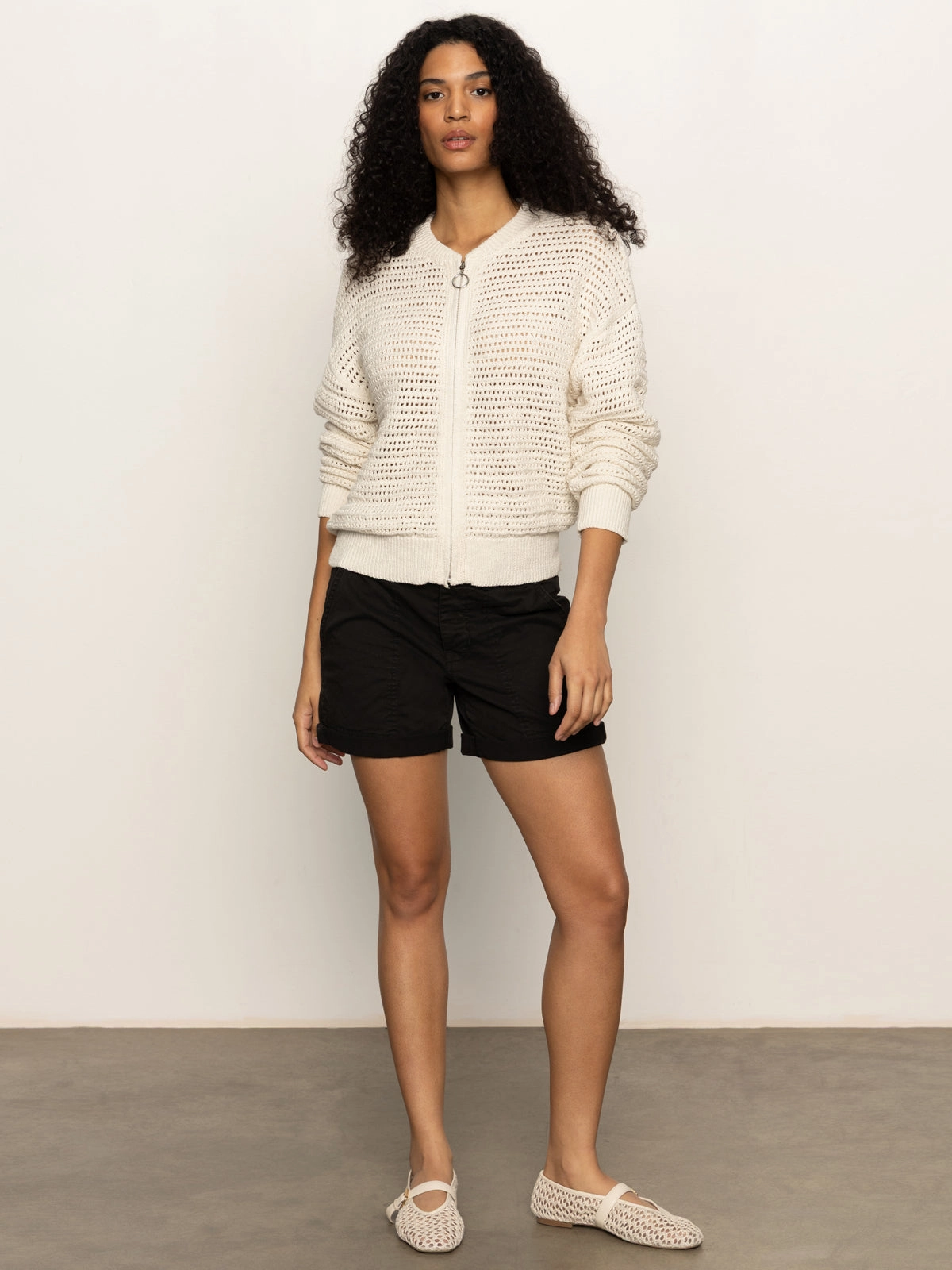 Open Knit Bomber Jacket Chalk