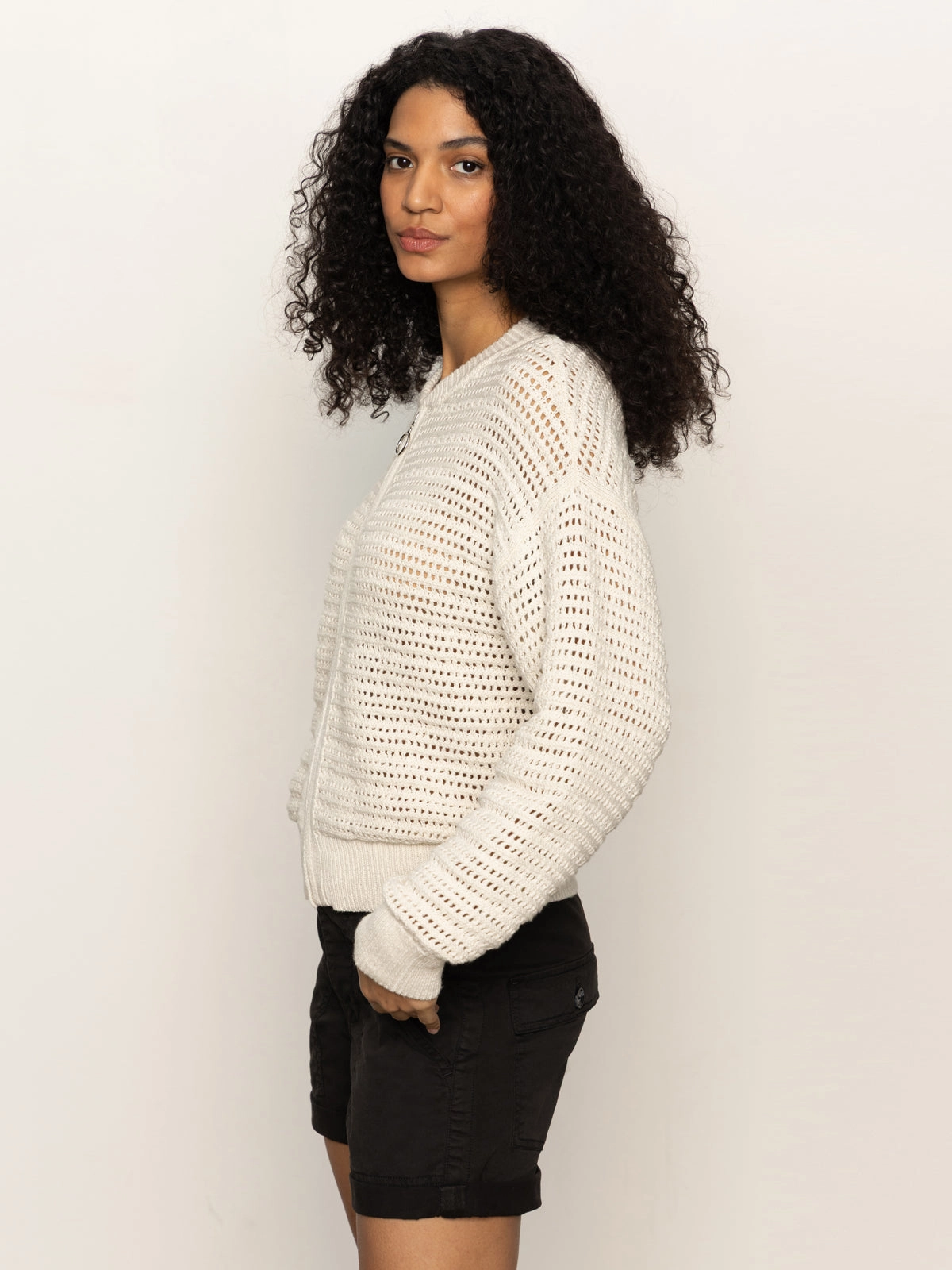 Open Knit Bomber Jacket Chalk