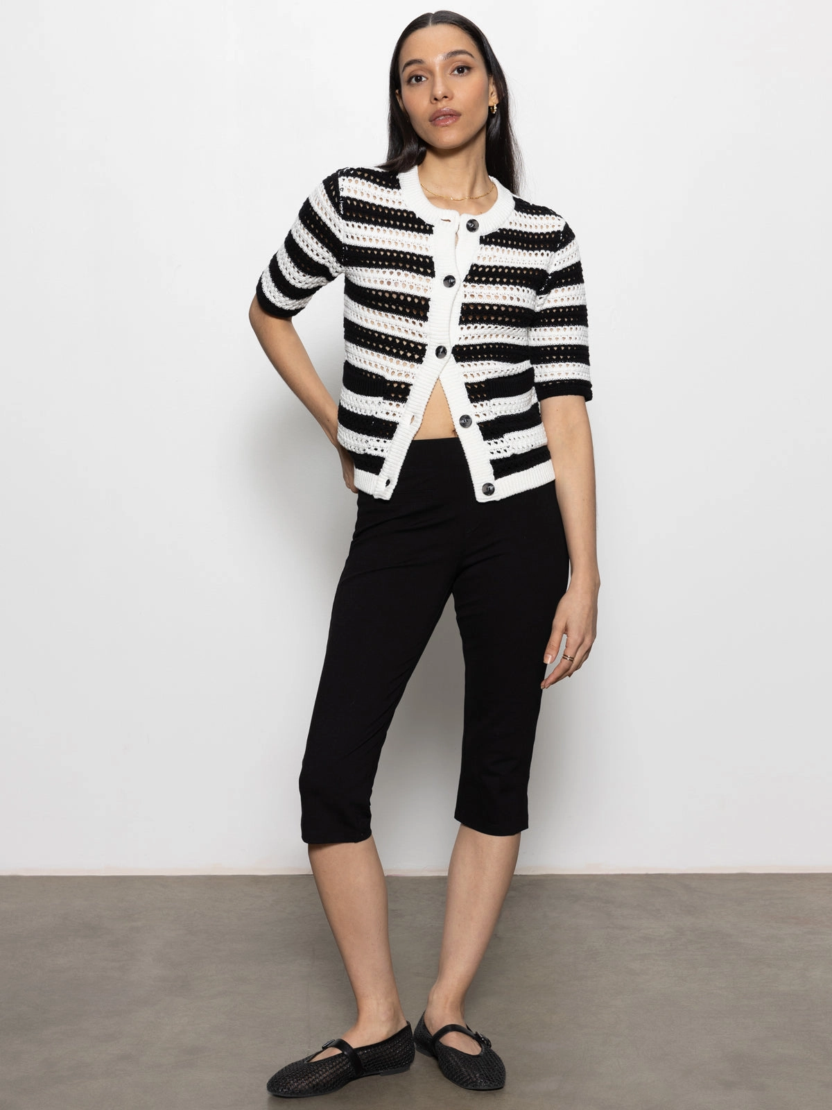 Open Knit Sweater Jacket Chalk / Black Stripe