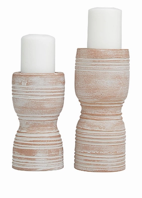 PINK CERAMIC WHITEWASHED RIBBED TERRACOTTA CANDLE HOLDER, SET OF 2 11", 9"H