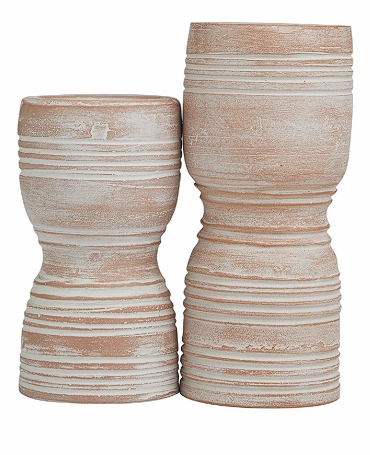 PINK CERAMIC WHITEWASHED RIBBED TERRACOTTA CANDLE HOLDER, SET OF 2 11", 9"H