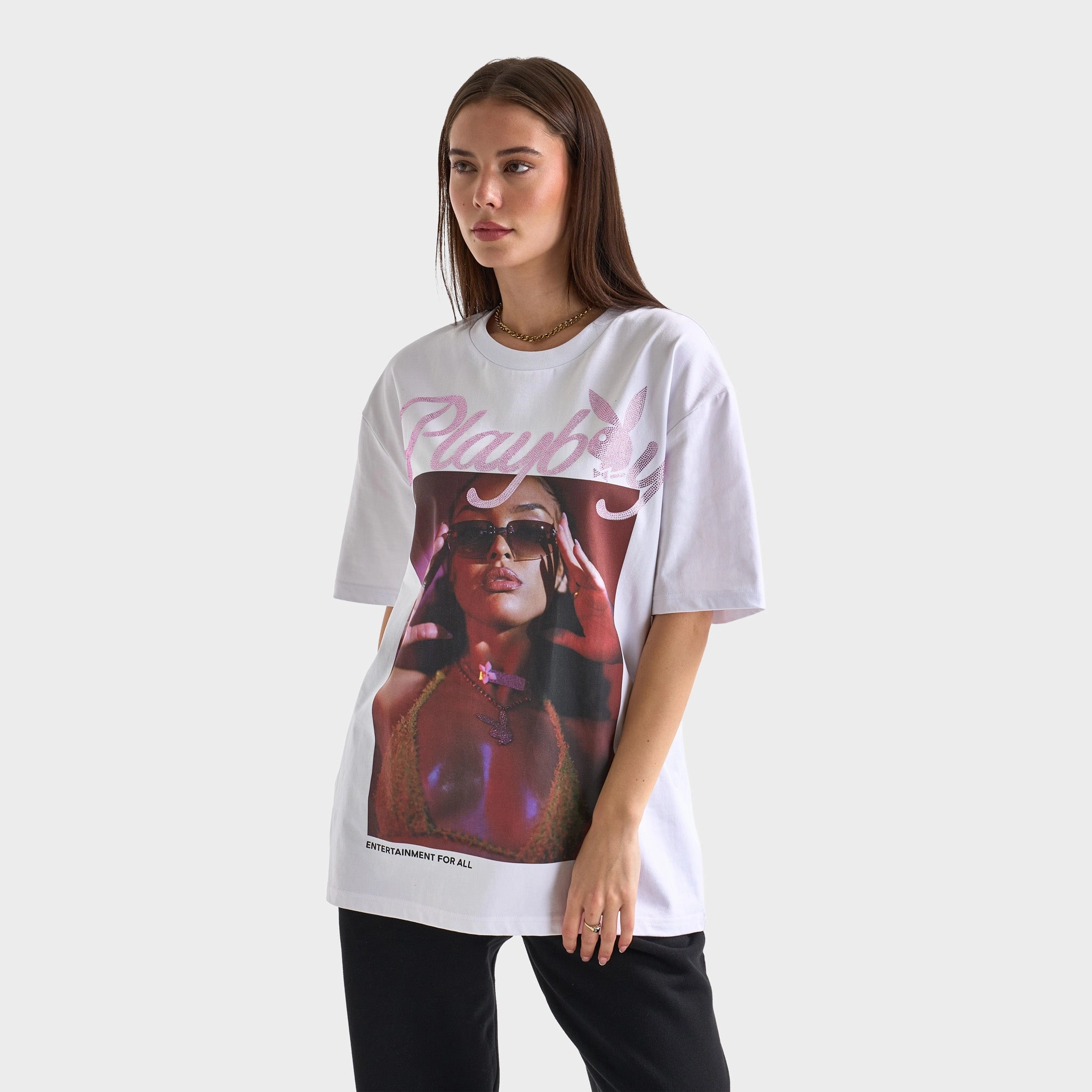 Playboy Women's Diamonte Izabela Oversized Graphic T-Shirt /