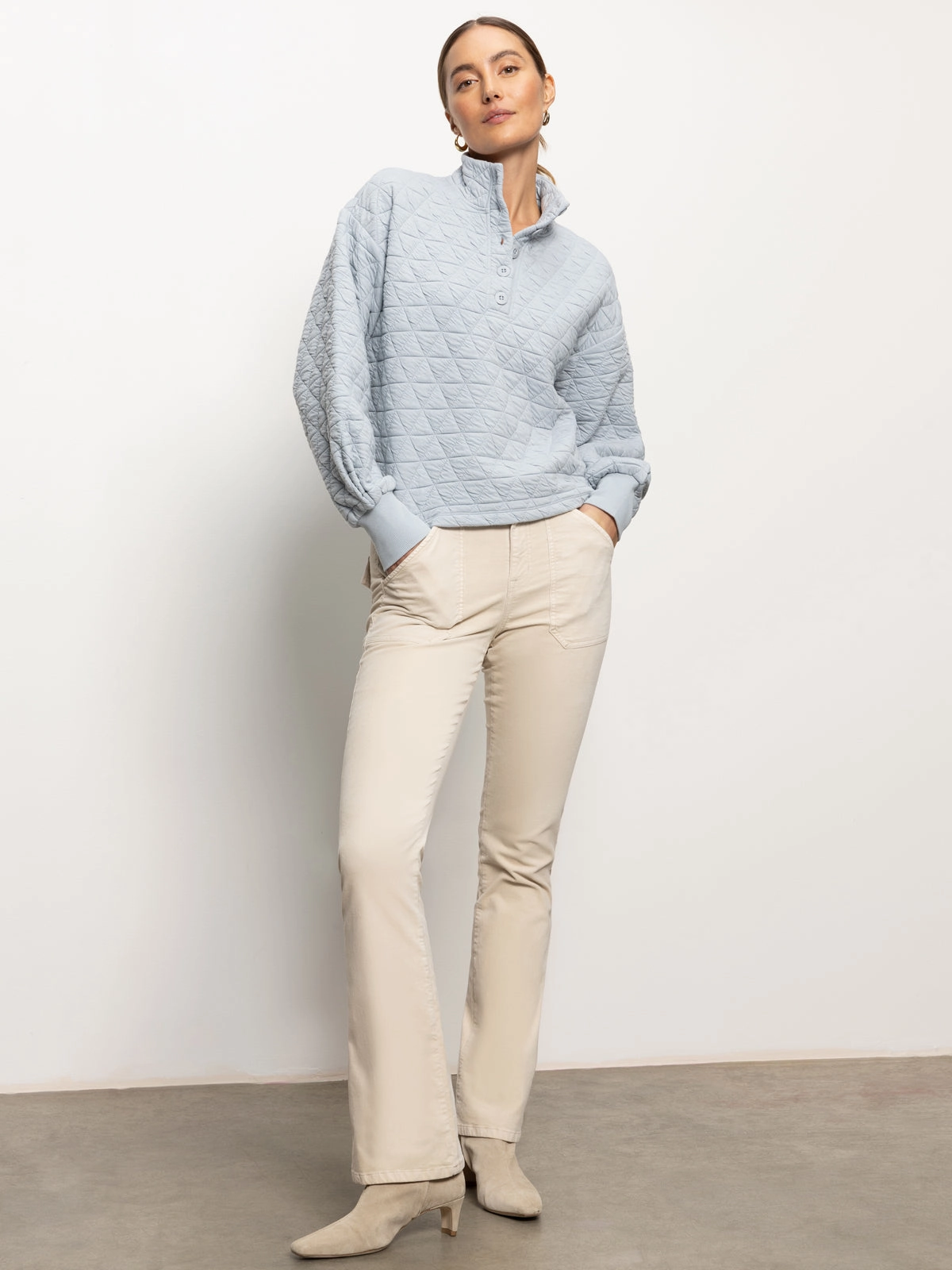 Quilted Button Up Popover Top Pearl Blue