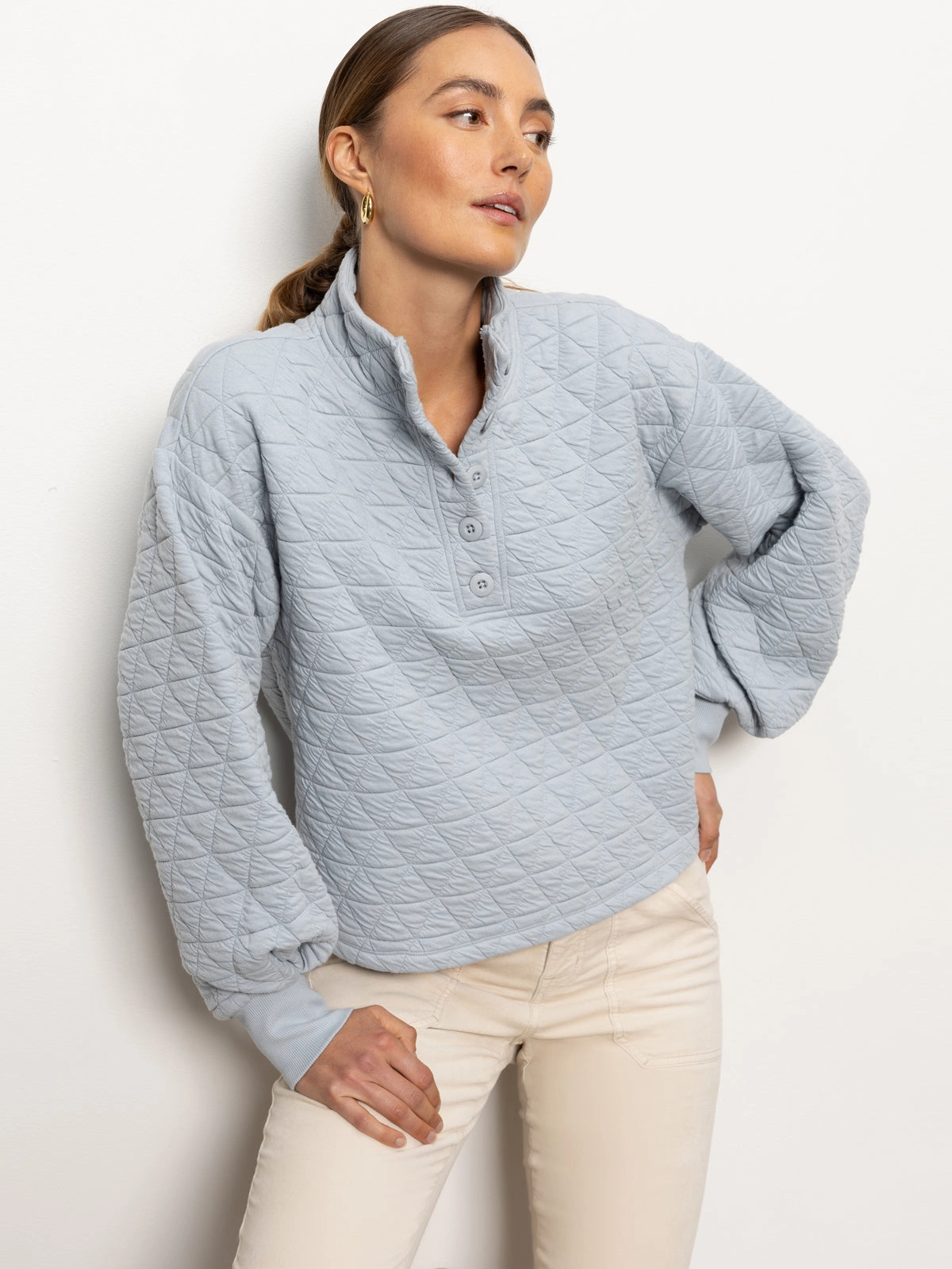 Quilted Button Up Popover Top Pearl Blue