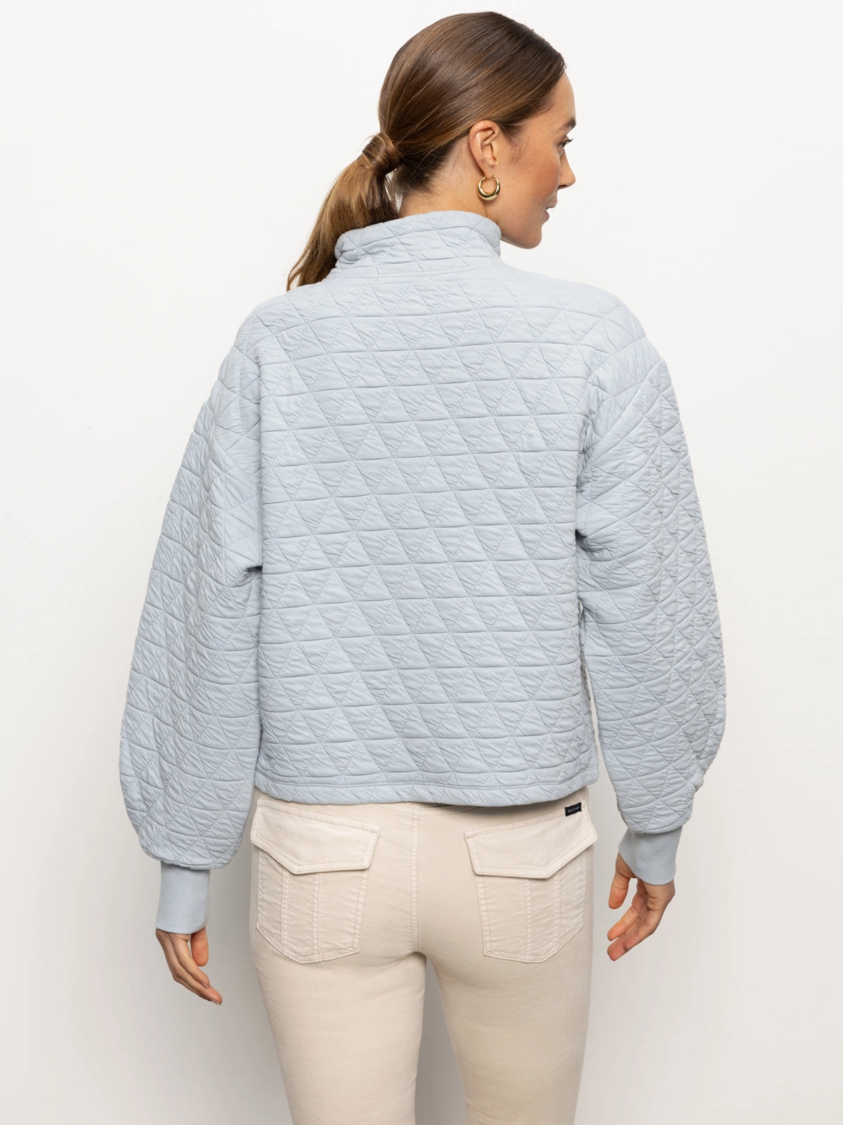 Quilted Button Up Popover Top Pearl Blue