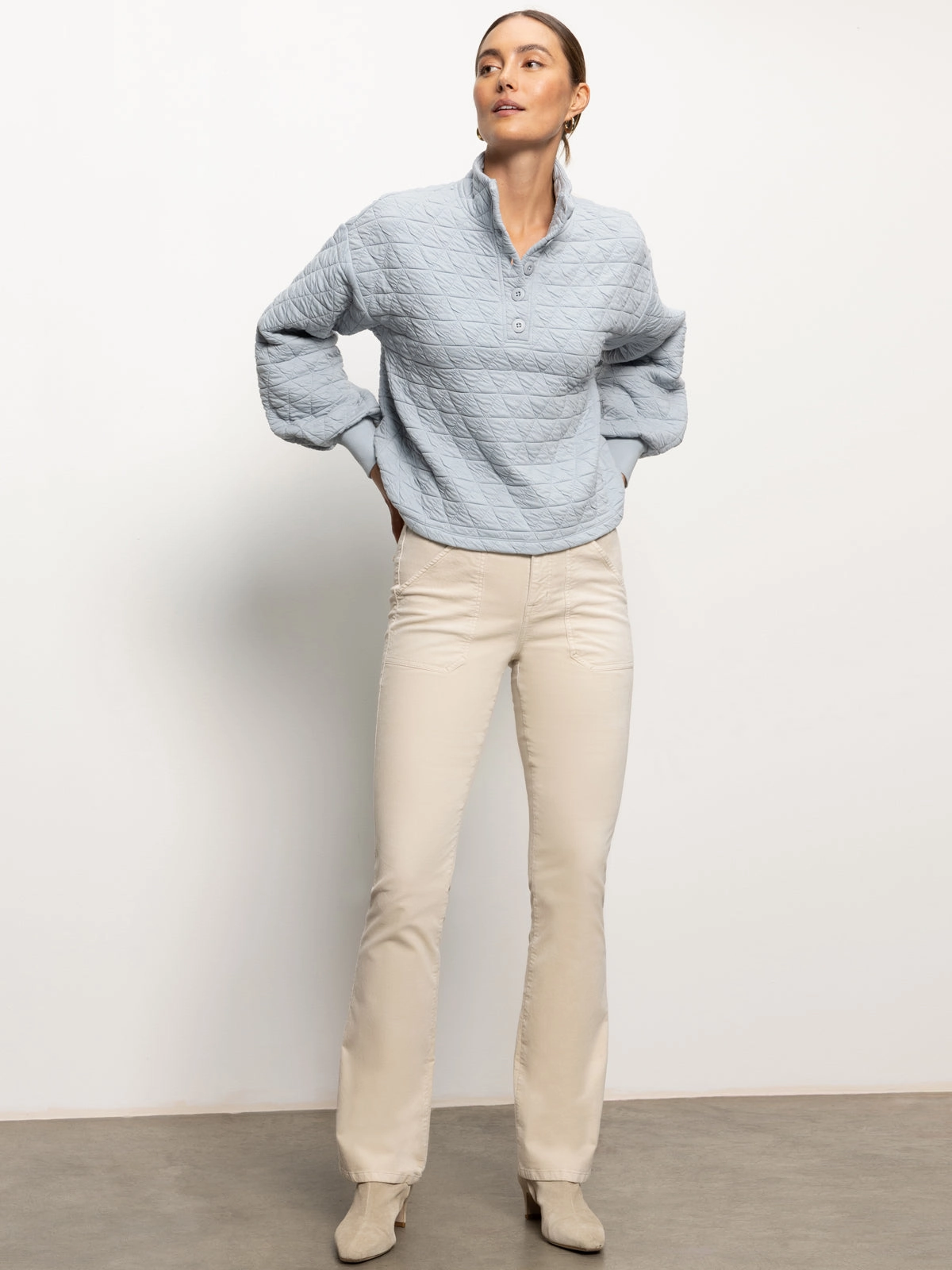 Quilted Button Up Popover Top Pearl Blue